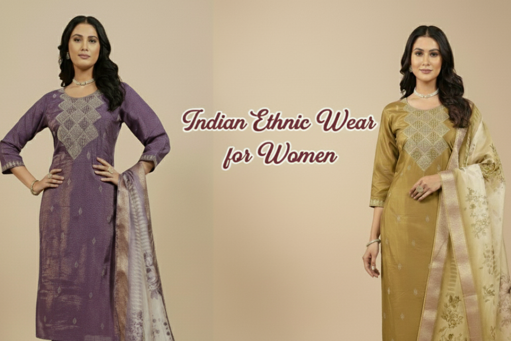 Two women wearing Indian ethnic wear with text 'Indian Ethnic Wear for Women' on a beige background.