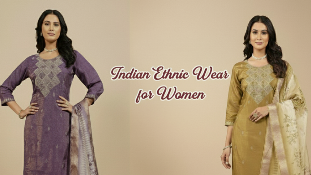 Two women wearing Indian ethnic wear with text 'Indian Ethnic Wear for Women' on a beige background.