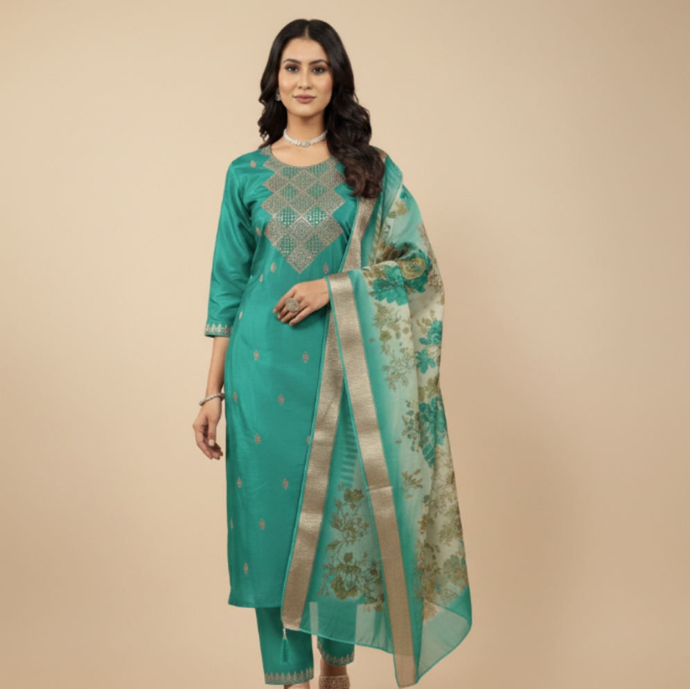 Woman wearing a green traditional outfit with a beige background