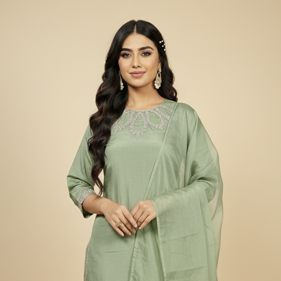 Woman wearing a light green traditional outfit with a beige background