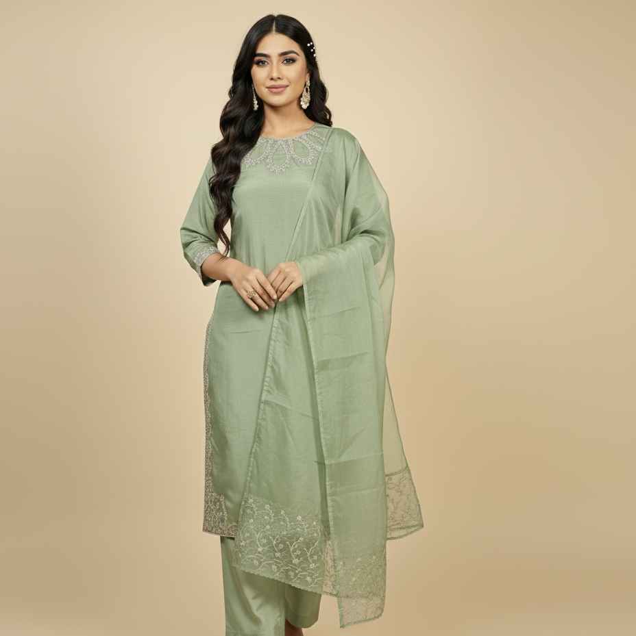 Woman wearing a light green traditional outfit with a beige background