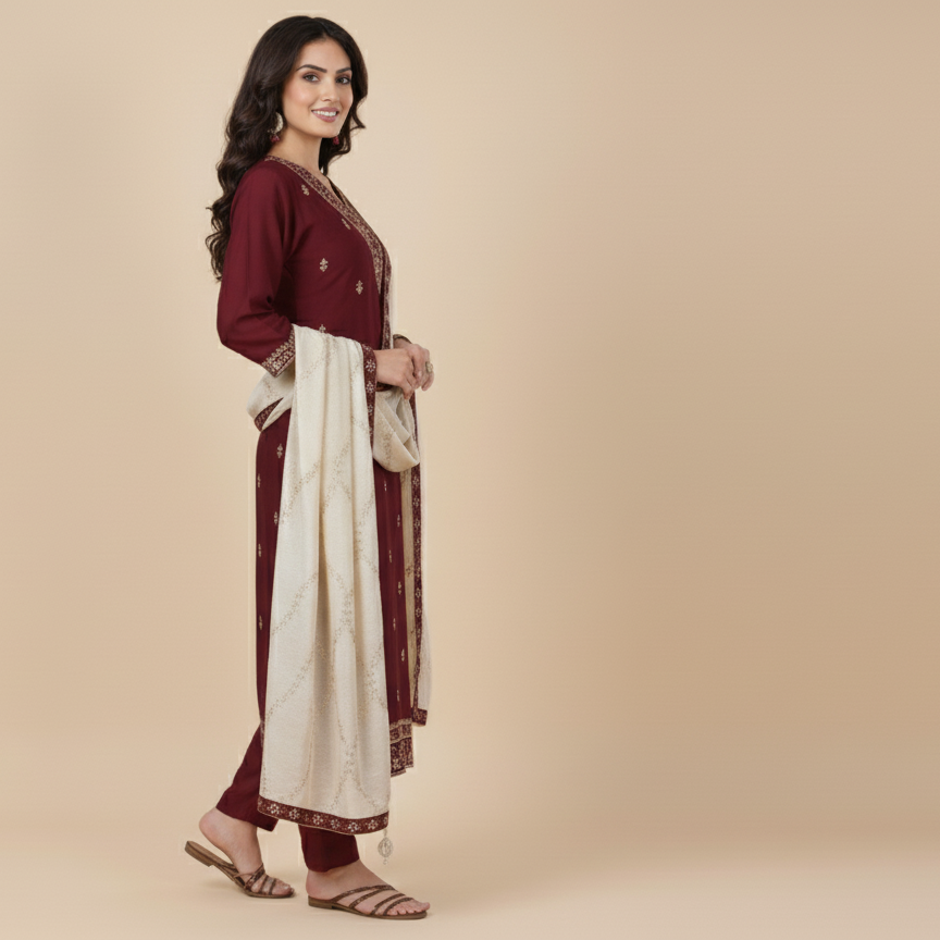 Woman wearing a maroon and white traditional outfit on a beige background