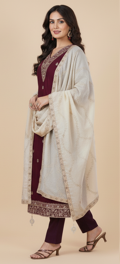 Woman wearing a traditional outfit with a maroon blouse and white dupatta on a beige background