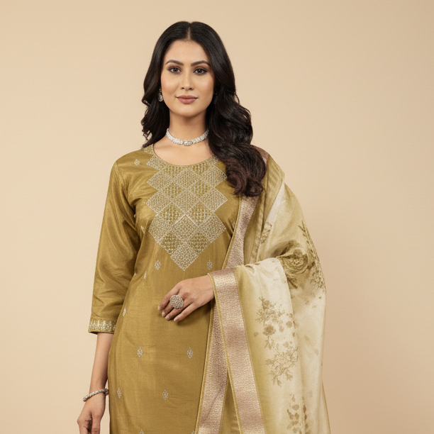 Woman wearing a traditional outfit with a gold kurta and dupatta on a beige background