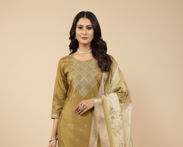 Woman wearing a green traditional outfit with a matching dupatta on a beige background