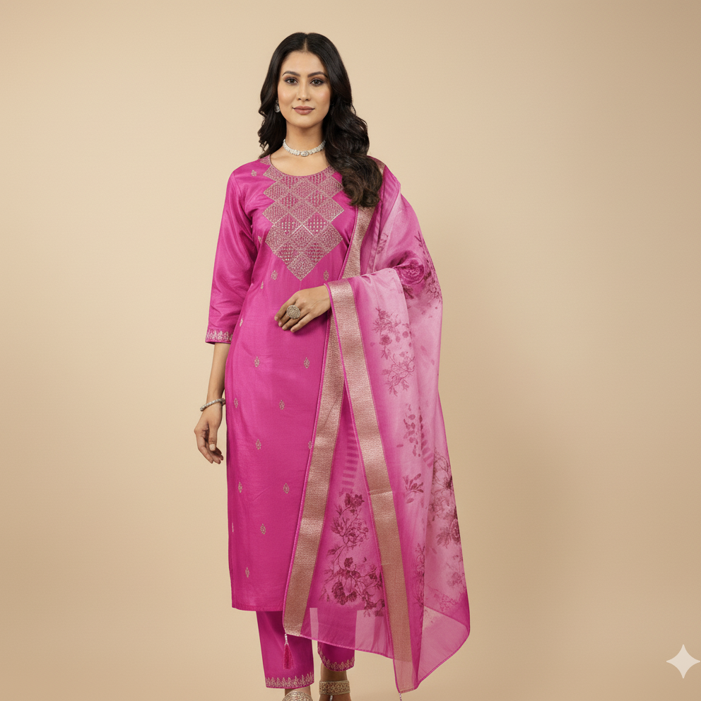 Woman wearing a pink traditional outfit with a matching dupatta on a beige background