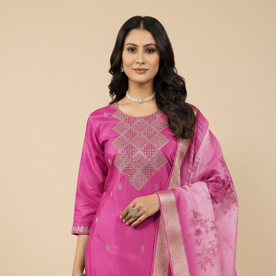 Woman wearing a pink traditional outfit with a matching dupatta on a beige background