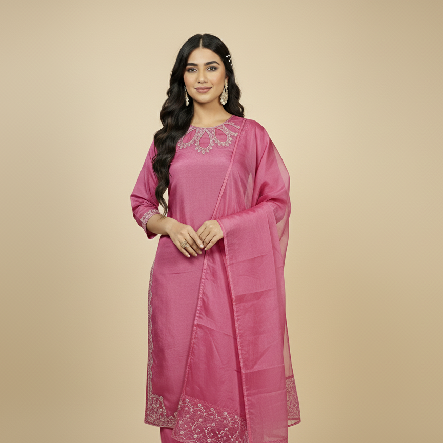 Woman wearing a pink traditional outfit with embroidery on a beige background