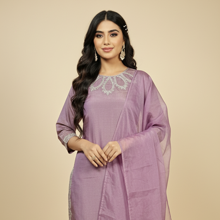 Woman wearing a lavender traditional outfit with embroidery on a beige background