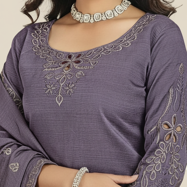 Woman wearing a purple embroidered outfit with jewelry on a beige background