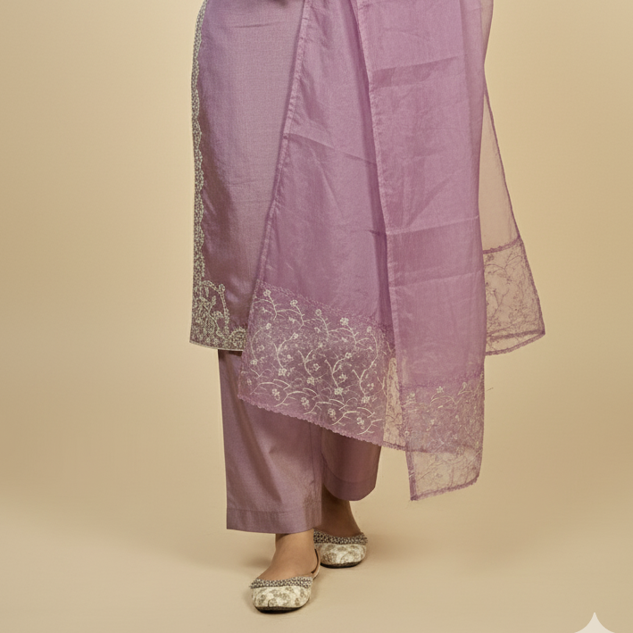 Woman wearing a lavender traditional outfit with embroidery on a beige background