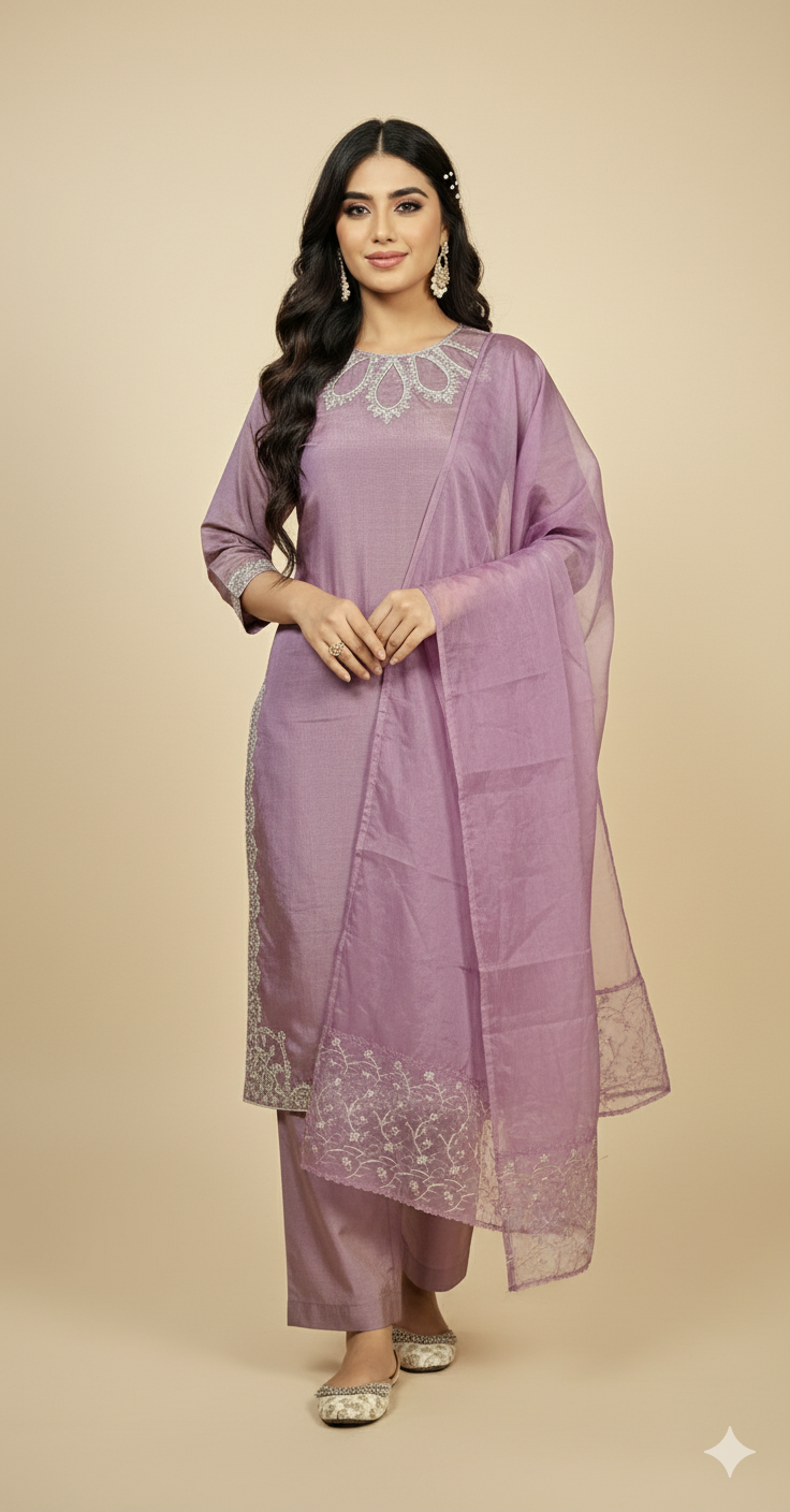 Woman wearing a lavender traditional outfit with embroidery on a beige background