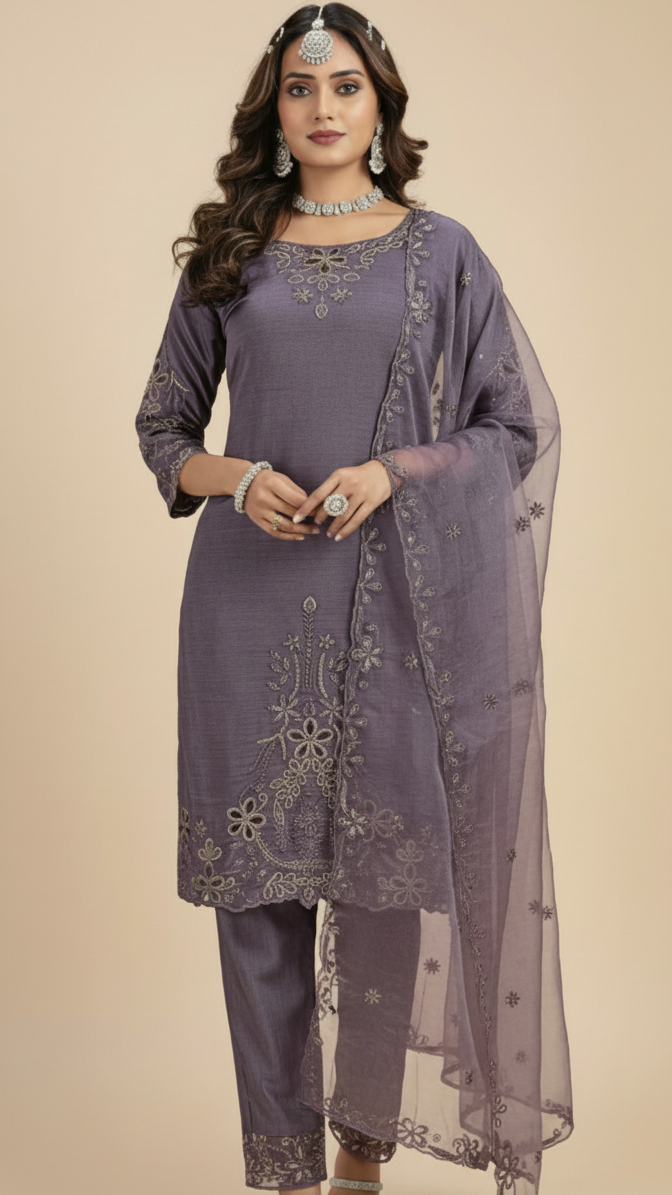 Woman wearing a traditional outfit with embroidered purple dress and dupatta on a beige background