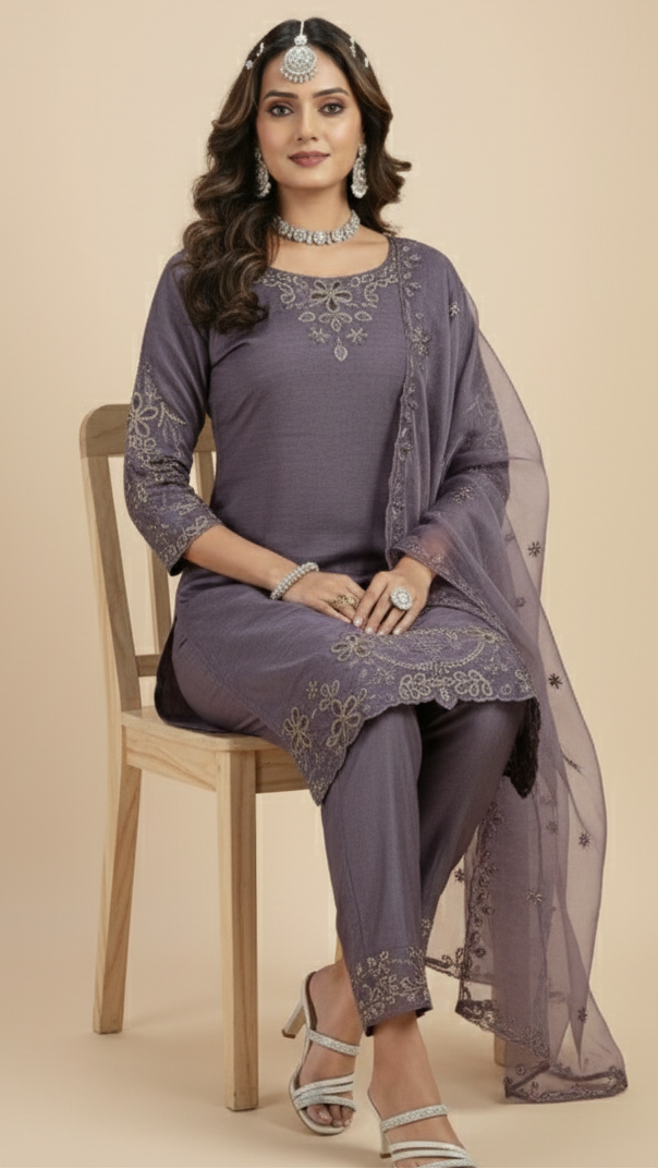 Woman in a traditional outfit sitting on a chair against a beige background