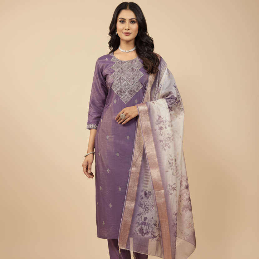 Woman wearing a purple traditional outfit with a beige background