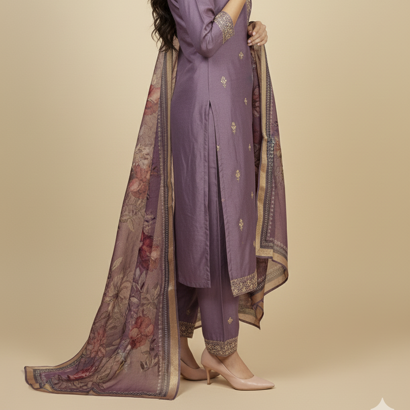 Woman wearing a purple traditional outfit with a matching dupatta on a beige background