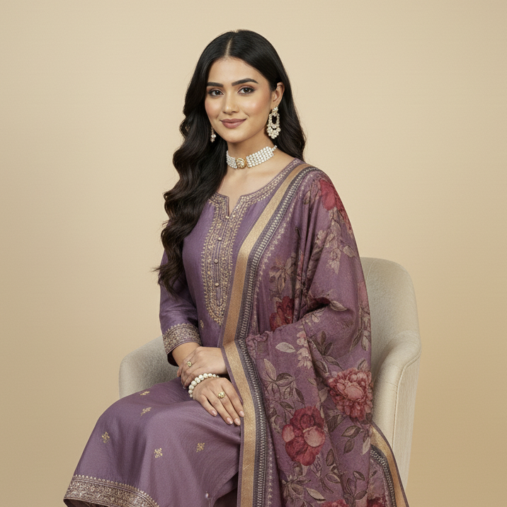 Woman in a traditional outfit with a floral dupatta on a beige background