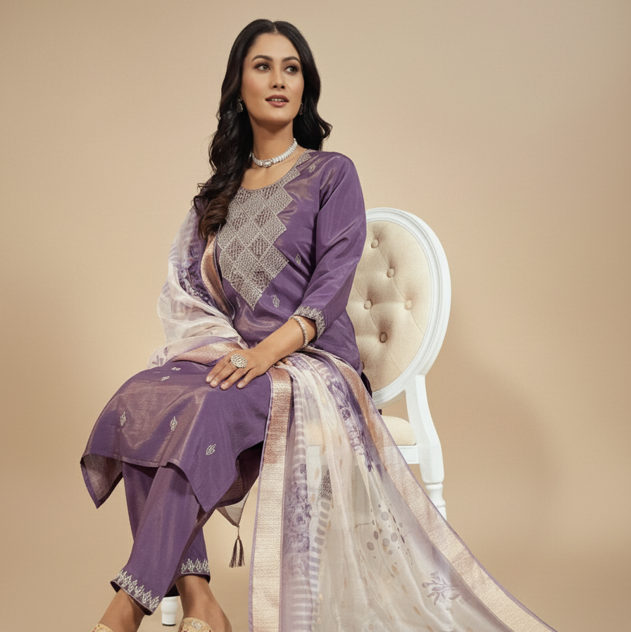 Woman in a purple and white traditional outfit sitting on a white chair against a beige background